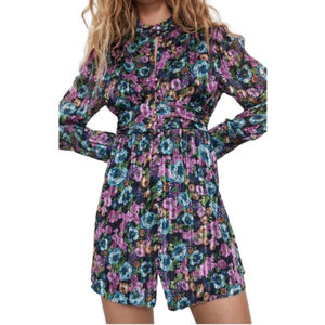 Zara Floral Dress Metallic Thread Purple Black Vintage Inspired Long Sleeve Mini